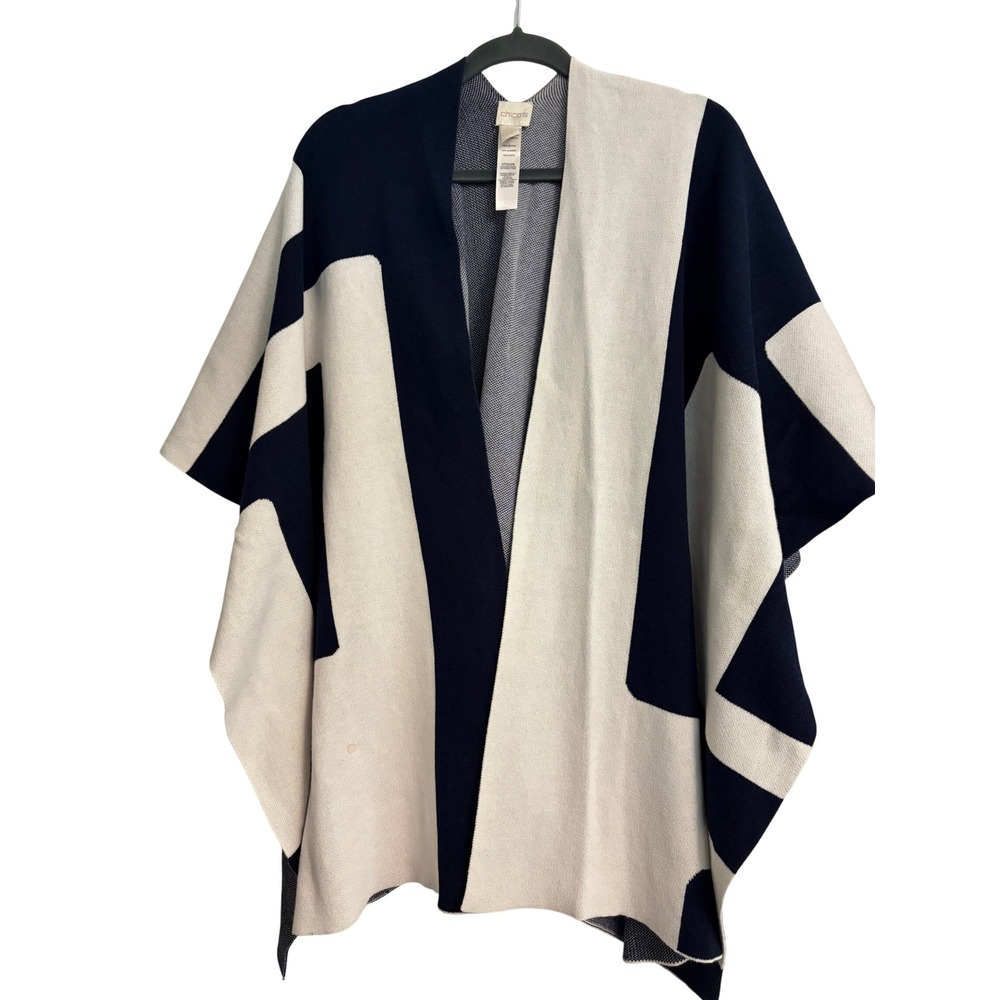 Chico's Poncho OS Navy White Geometric Abstract Knit Wrap Shawl Layering OS Navy